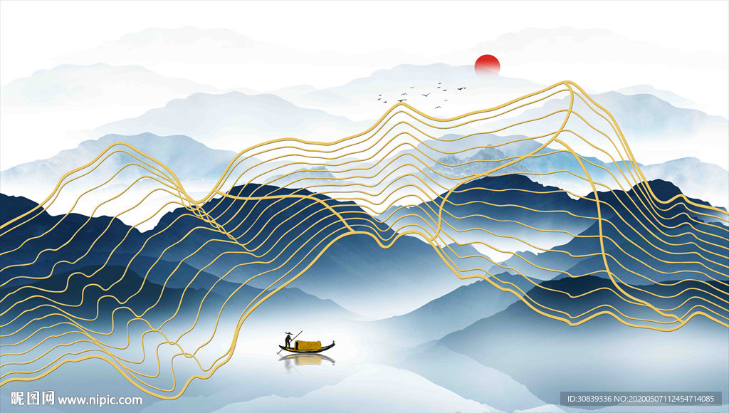 金线背景墙 山水线条 水墨山水