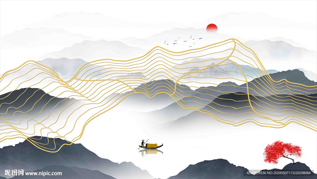 意境线条山水 金线背景