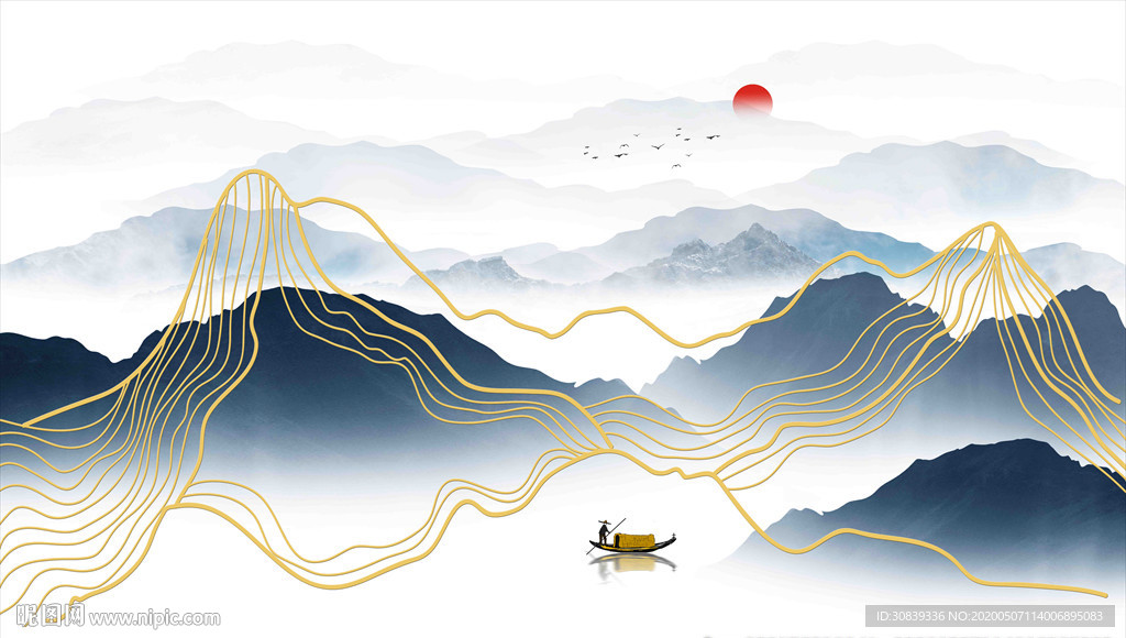 意境线条山水 金线背景墙