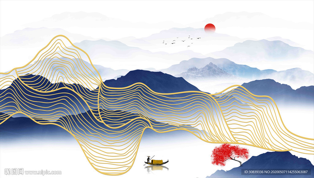 金线水墨山 意境山水挂画