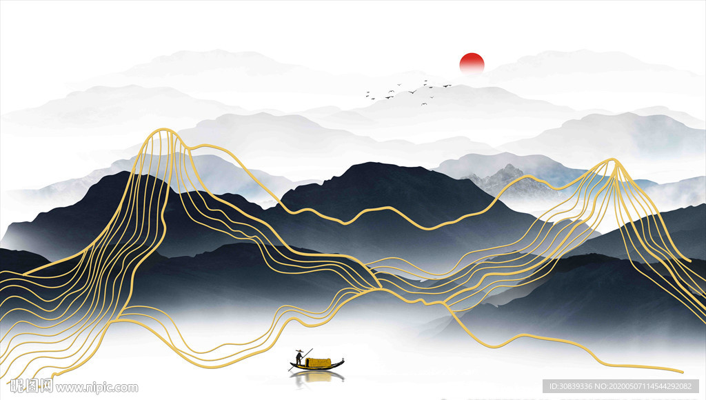 金线抽象水墨山水 山水画