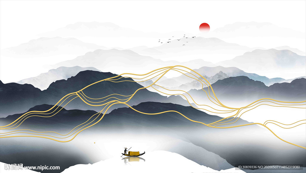 线条水墨山 金线山水画