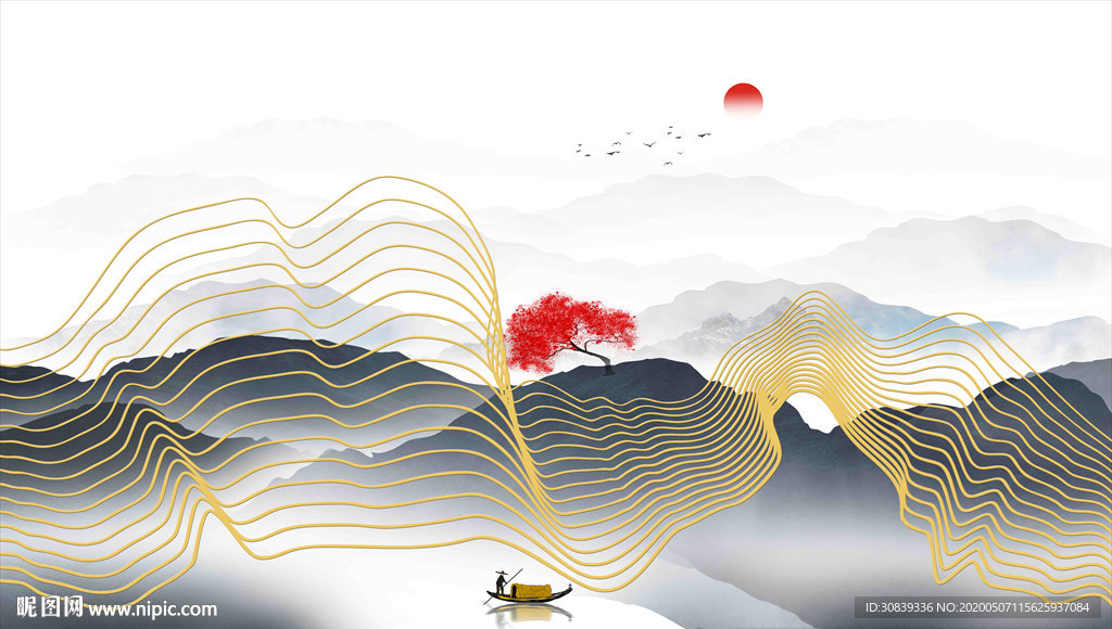 新中式线条山水 水墨画