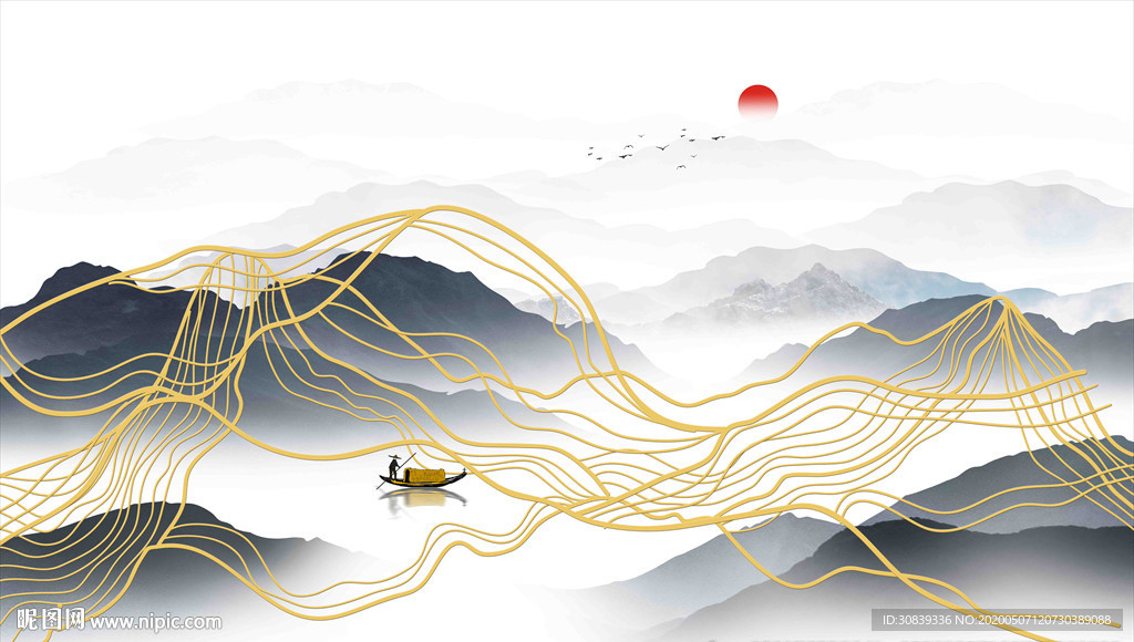 新中式金线山水 水墨山