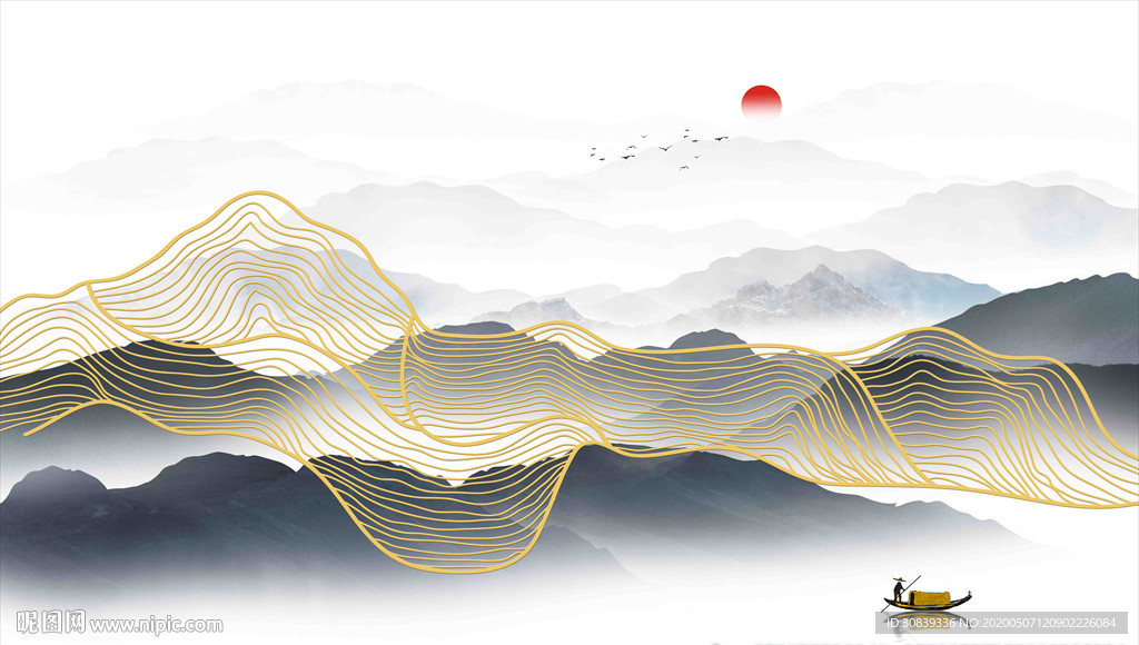 新中式线条山水 水墨画