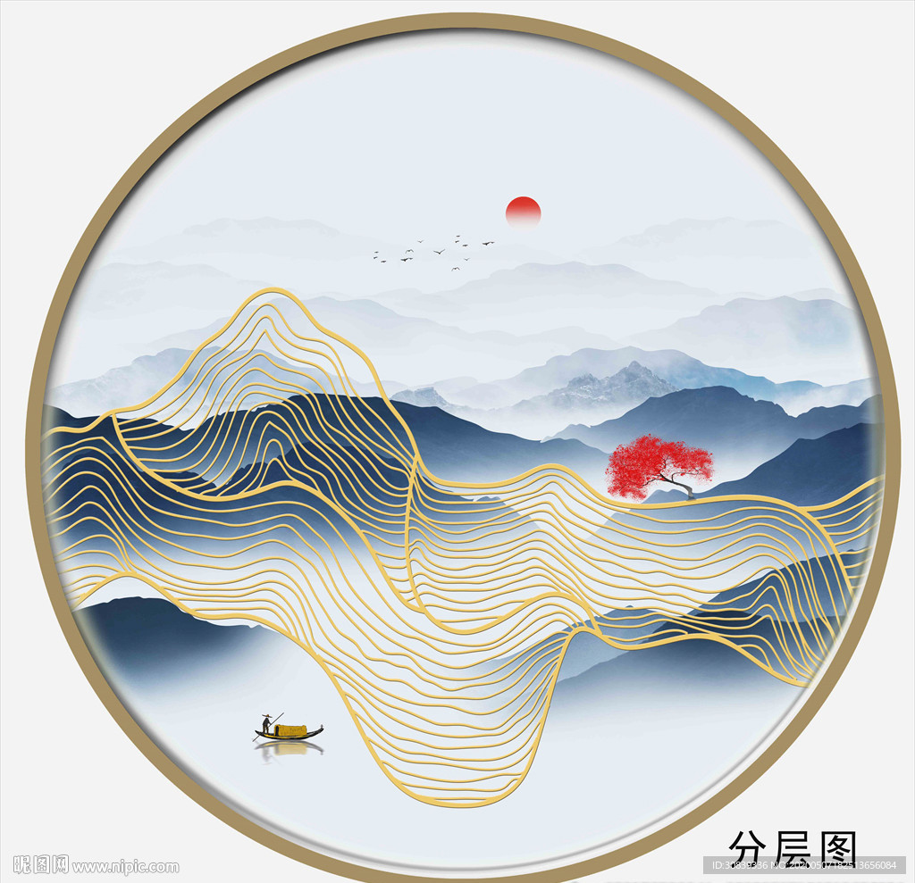 圆形线条山水 金线山水
