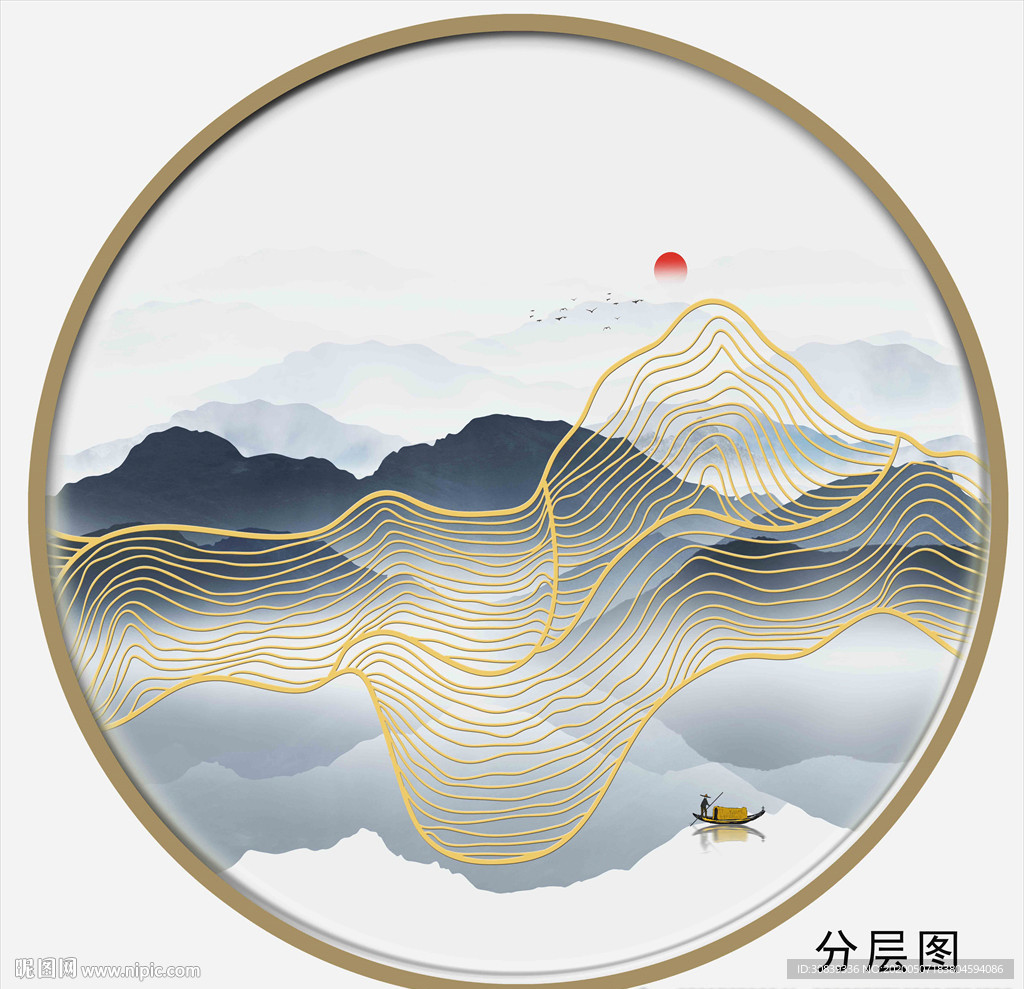 金色线条圆形山水