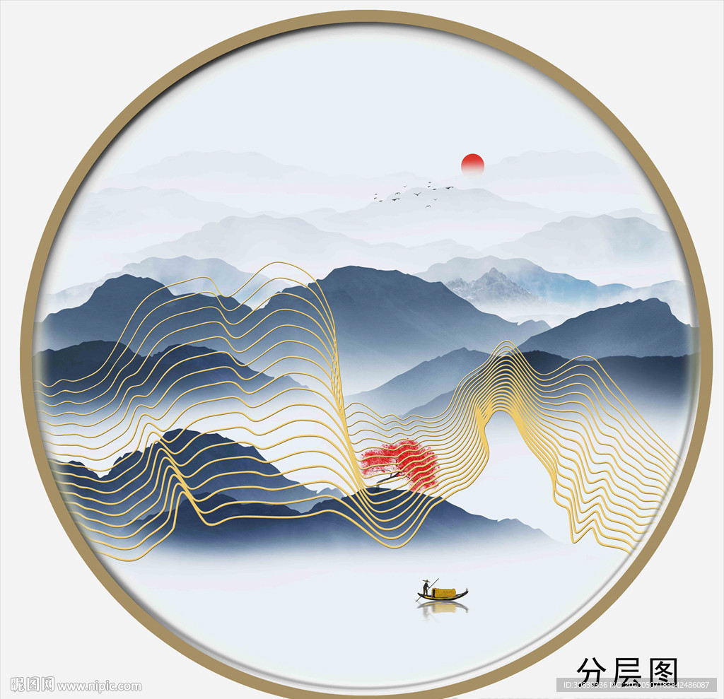 金线圆形山水