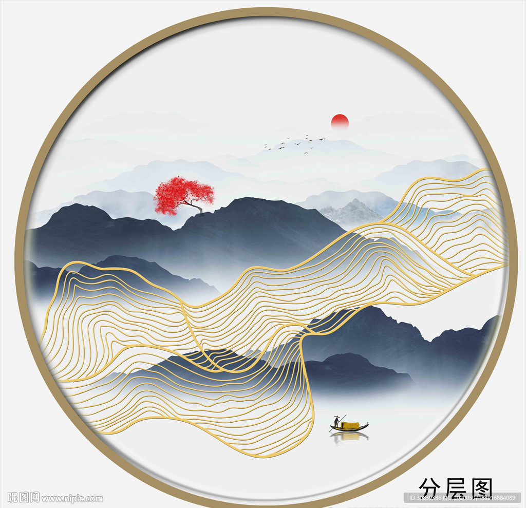 新中式圆形线条山水 金线山