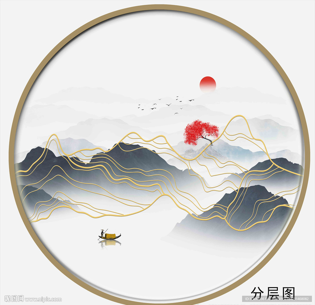 圆形线条山水 金线山