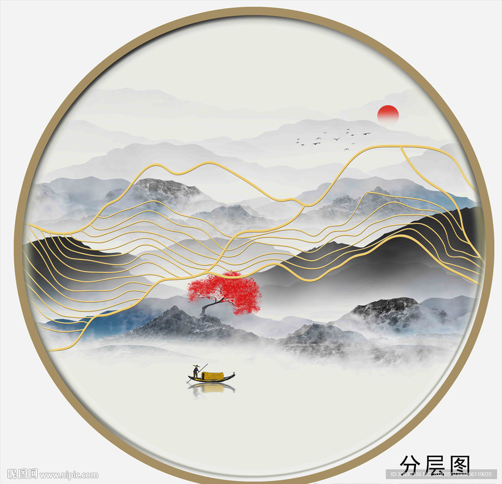 金线水墨画 山水画