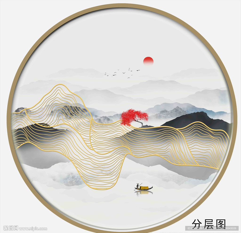 意境线条山水 圆形山