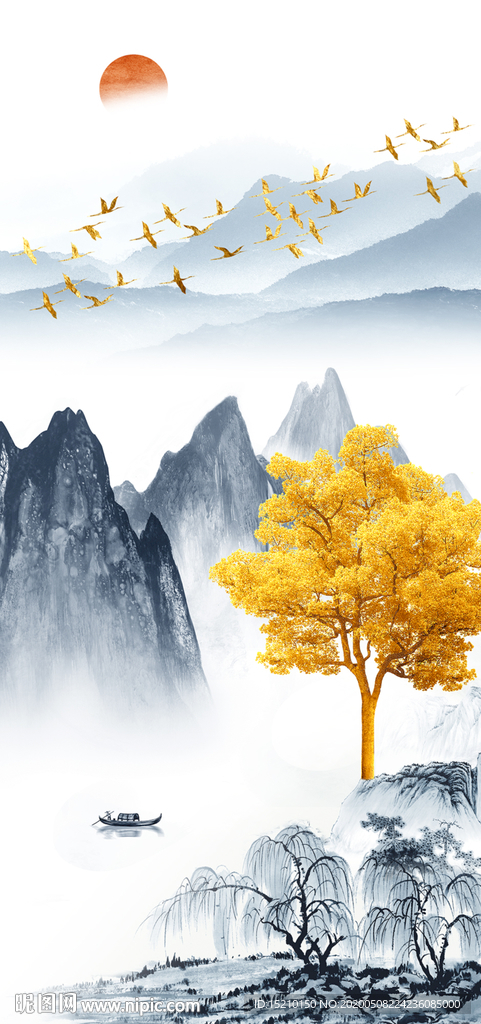 水墨山水发财树玄关背景墙