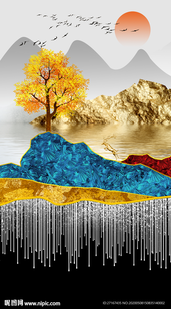 北欧轻奢金箔山水背景墙