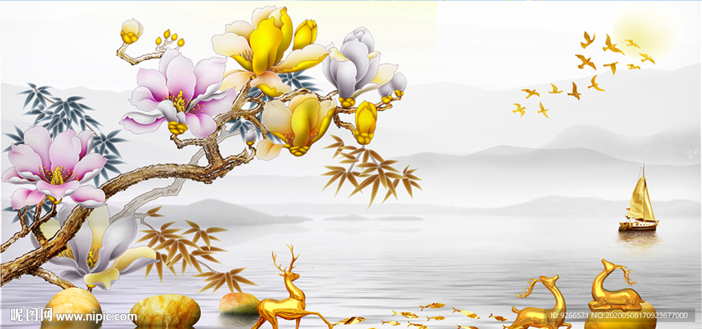 新中式石来运转麋鹿晶瓷画装饰画