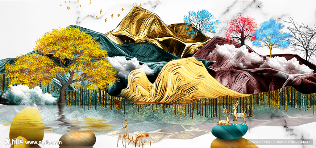 新中式石来运转麋鹿晶瓷画装饰画