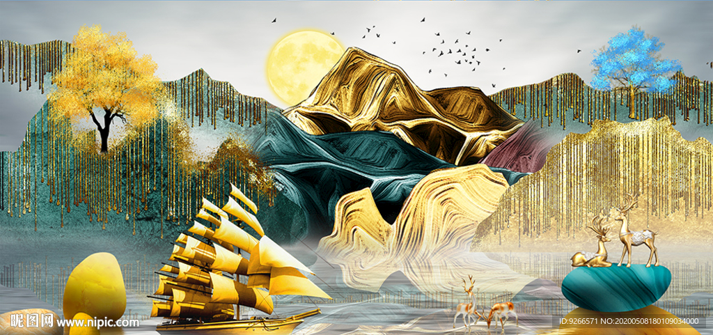 新中式石来运转麋鹿晶瓷画装饰画