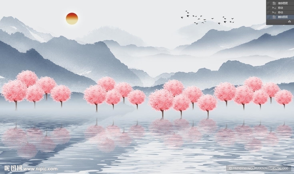 水墨山水桃花树电视背景墙
