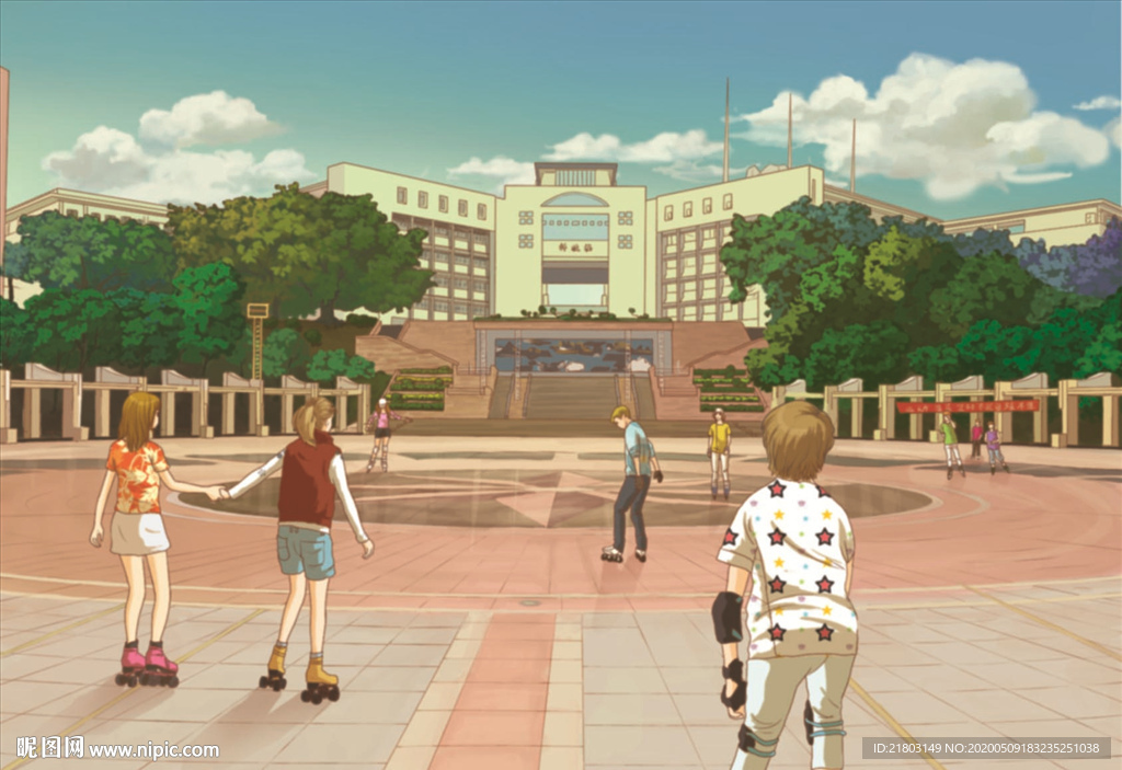 手绘广东海洋大学中心广场美景