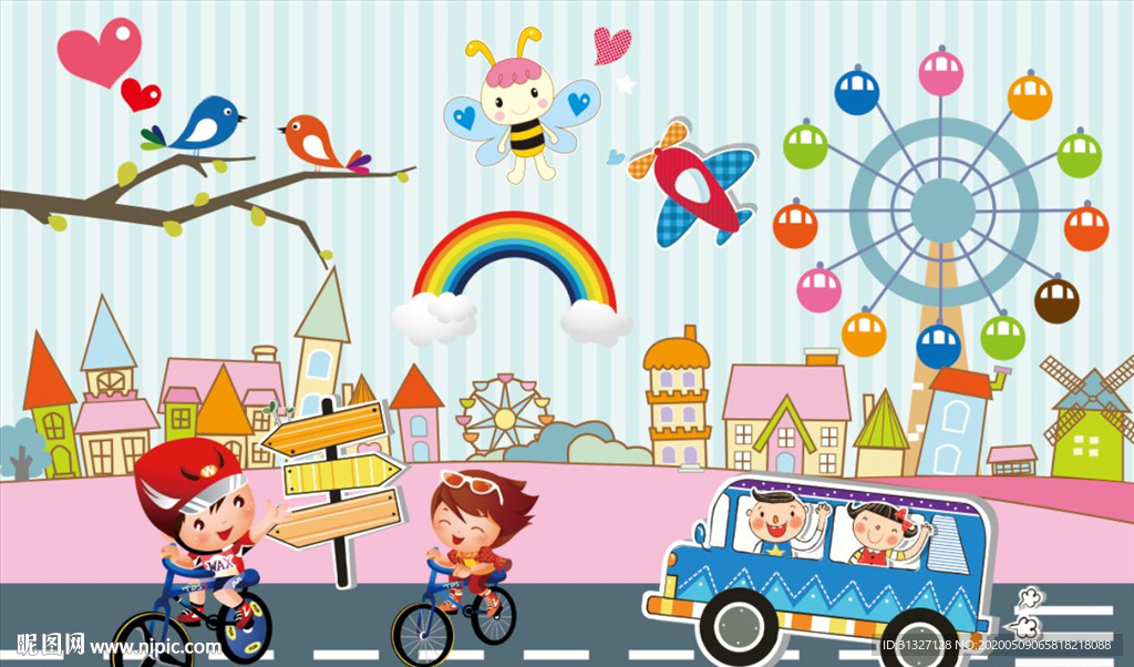 卡通儿童骑行活动背景墙图片