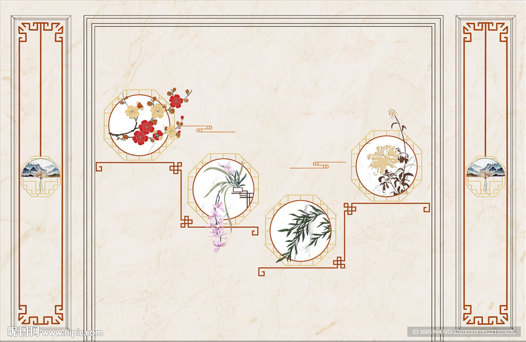 新中式手绘花鸟背景墙图片