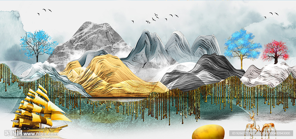 新中式石来运转麋鹿晶瓷画装饰画