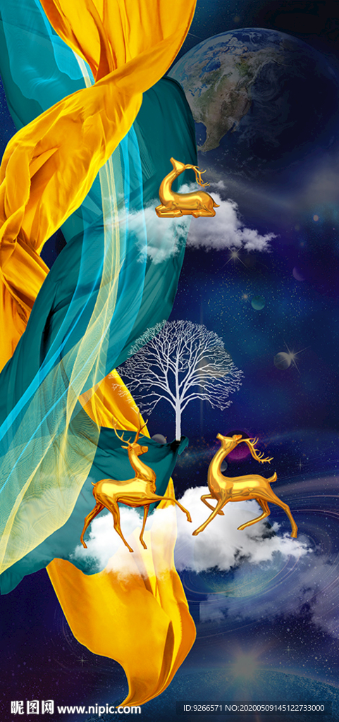 新中式石来运转麋鹿晶瓷画装饰画