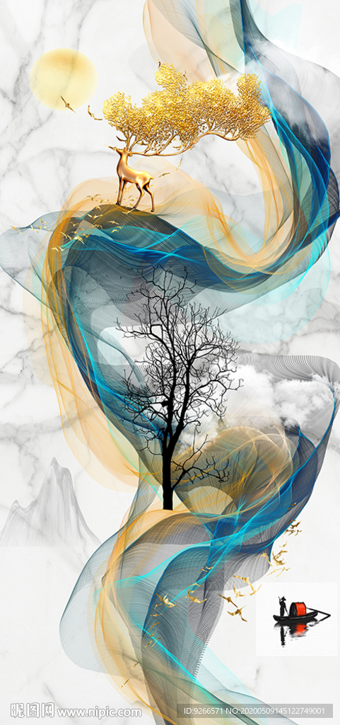 新中式石来运转麋鹿晶瓷画装饰画