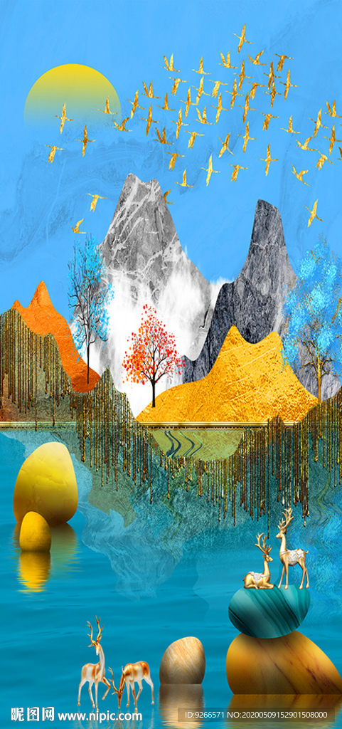 新中式石来运转麋鹿晶瓷画装饰画