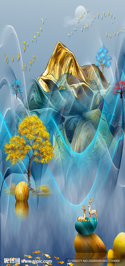 新中式石来运转麋鹿晶瓷画装饰画