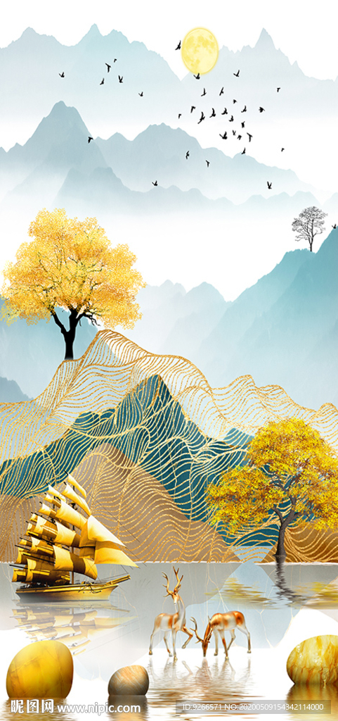 新中式石来运转麋鹿晶瓷画装饰画