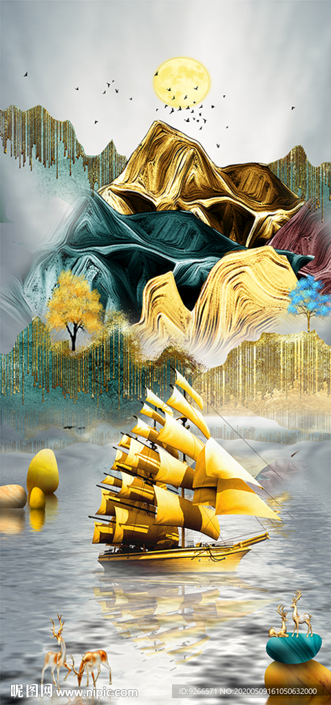 新中式石来运转麋鹿晶瓷画装饰画