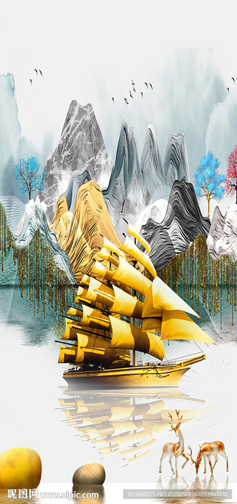 新中式石来运转麋鹿晶瓷画装饰画
