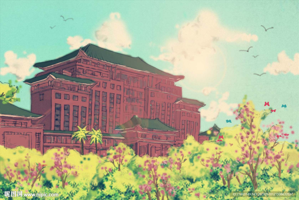 手绘华农百年古城合层高清素材