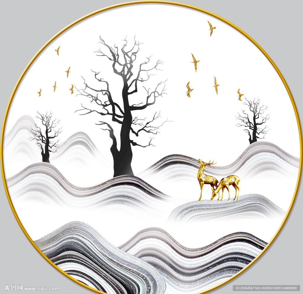 新中式圆形抽象线条山水画