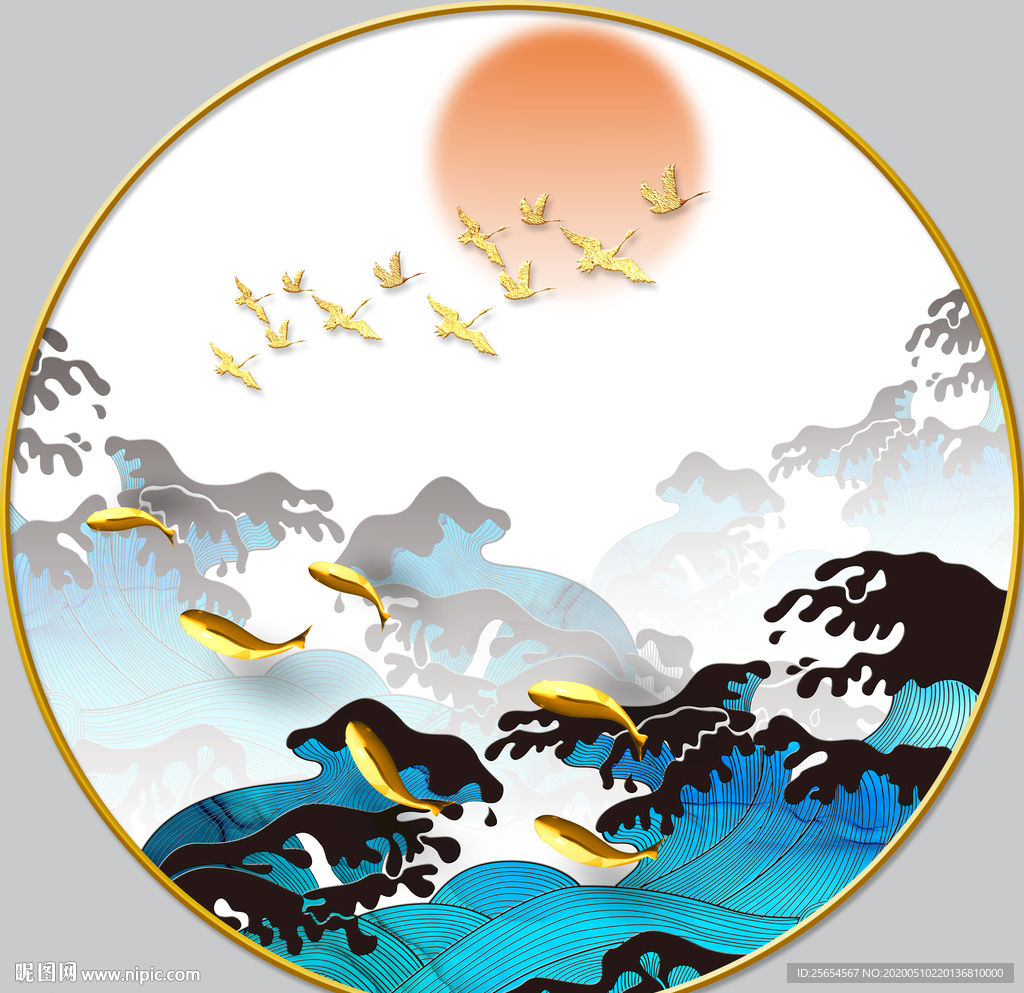 金色游鱼轻奢圆形客厅装饰画
