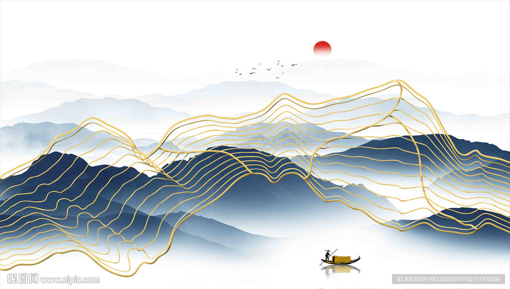 新中式金线山水 线条