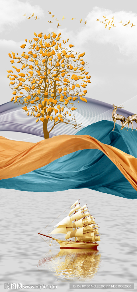 金色丝绸发财树玄关背景墙