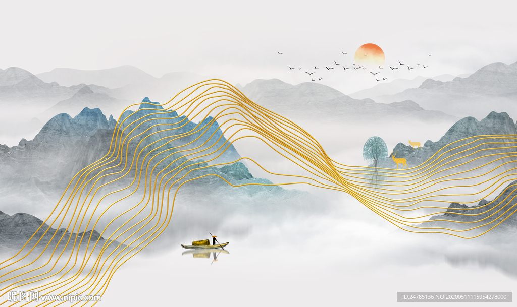 高端线条山水画