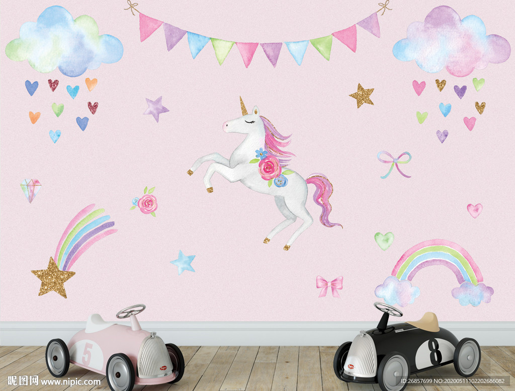 独角兽水彩画 独角兽儿童背景墙