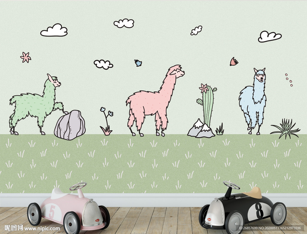 手绘可爱羊驼 羊驼背景墙