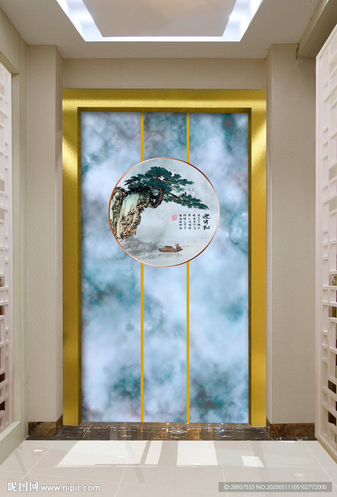 原创玄关大理石迎客松装饰画壁画