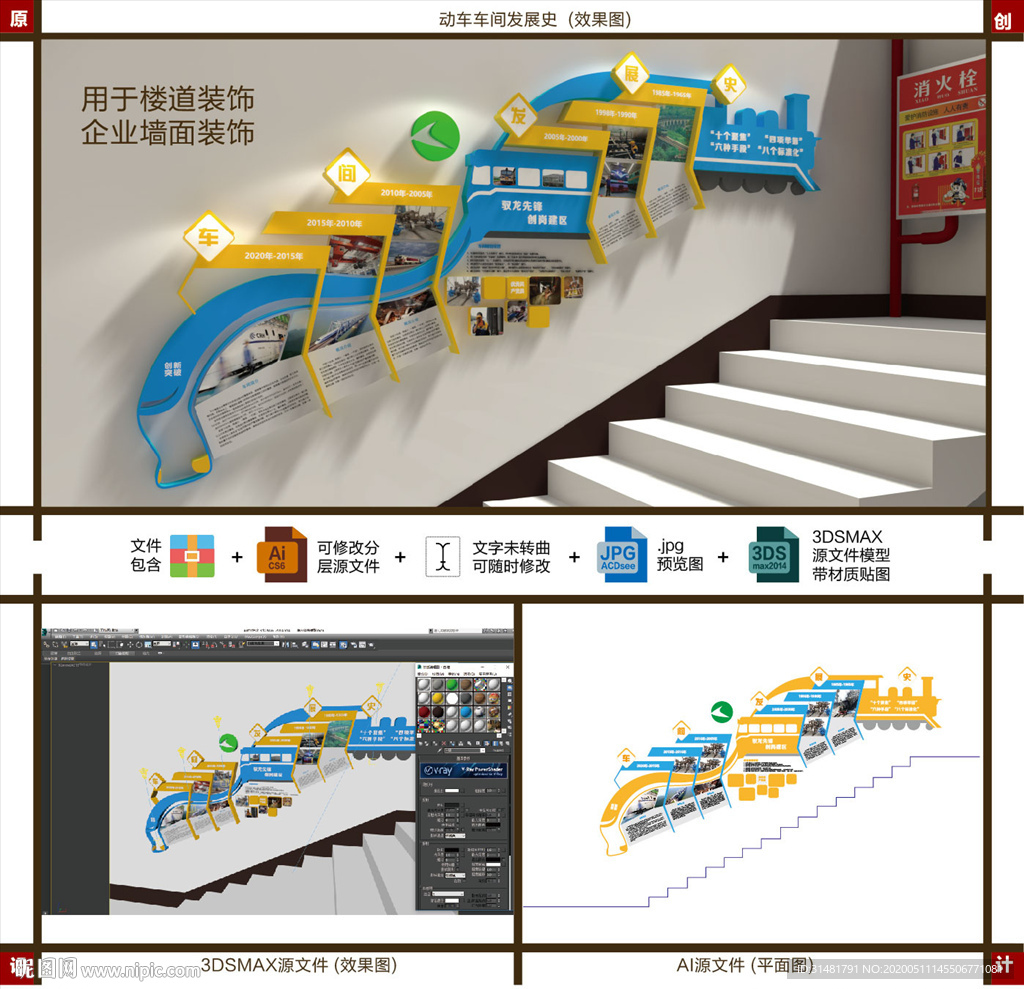 火车发展史楼梯装饰3D造型