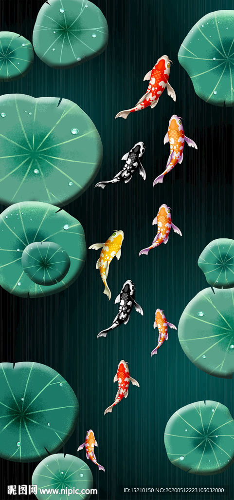 荷花九鱼图玄关背景墙