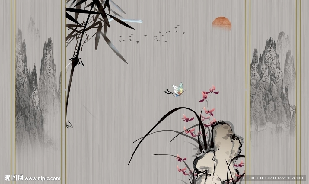 国画山水竹子图电视背景墙