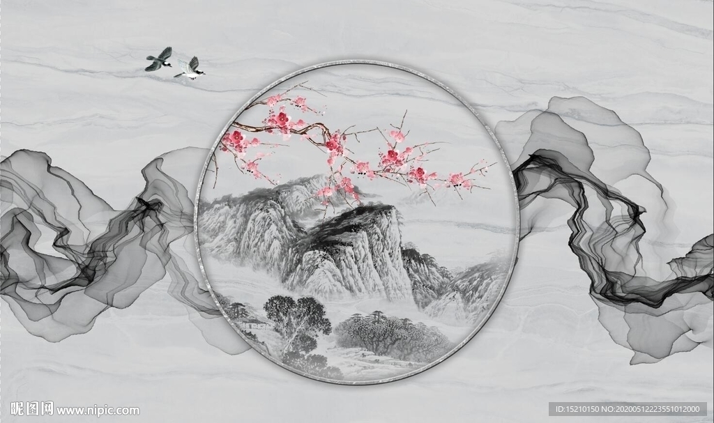 国画山水梅花图电视背景墙