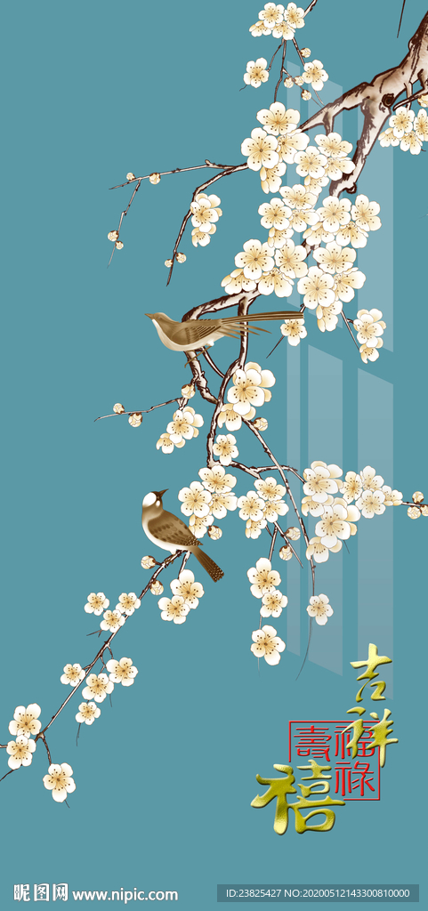 新中式手绘工笔花鸟玄关背景墙