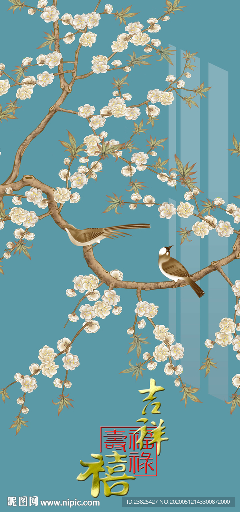 新中式手绘工笔花鸟玄关背景墙