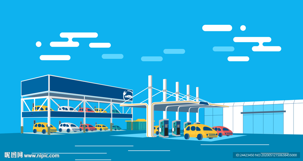 扁平矢量加油站充电桩充电插画