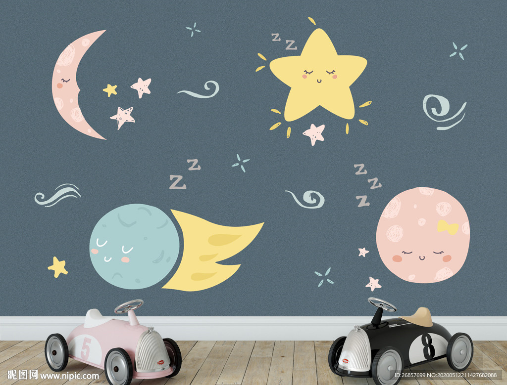 卡通星空夜晚月亮星星儿童背景墙